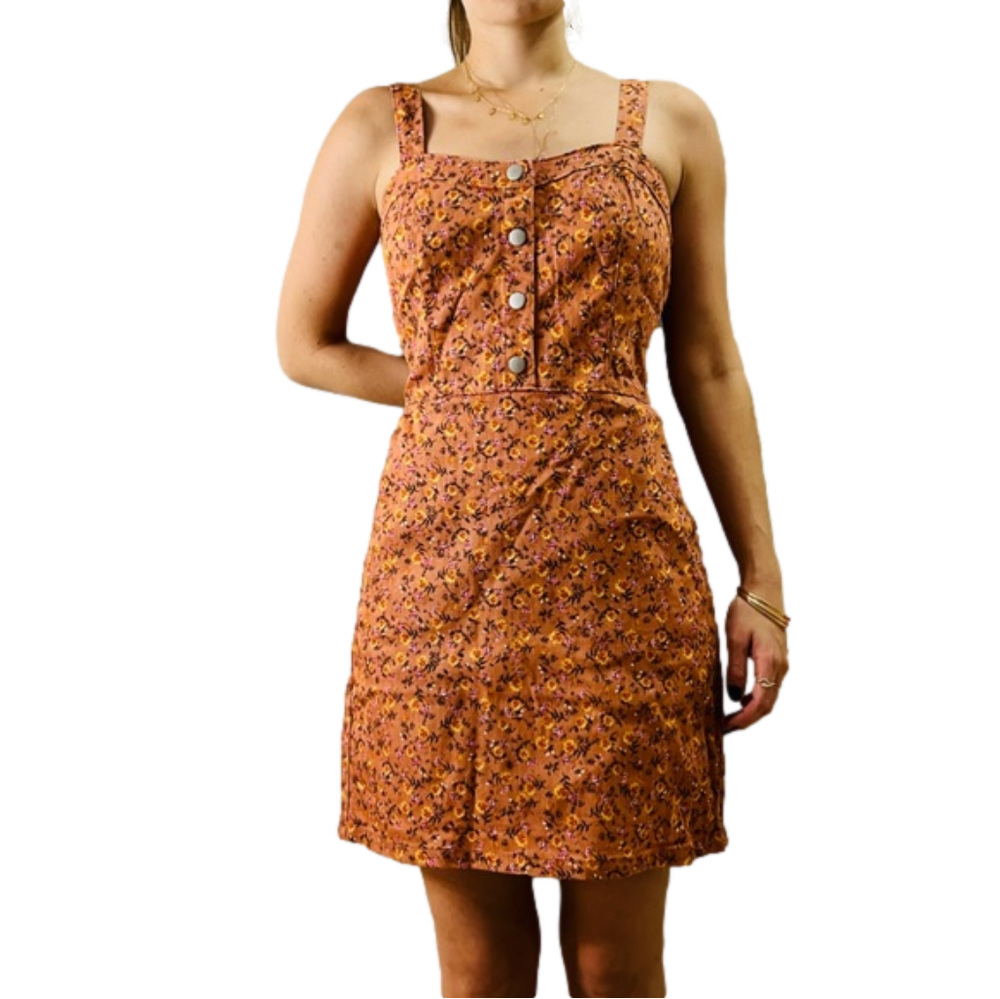 No Boundaries Denim Floral Sleeveless Mini Dress Button Zipper Pockets Size L